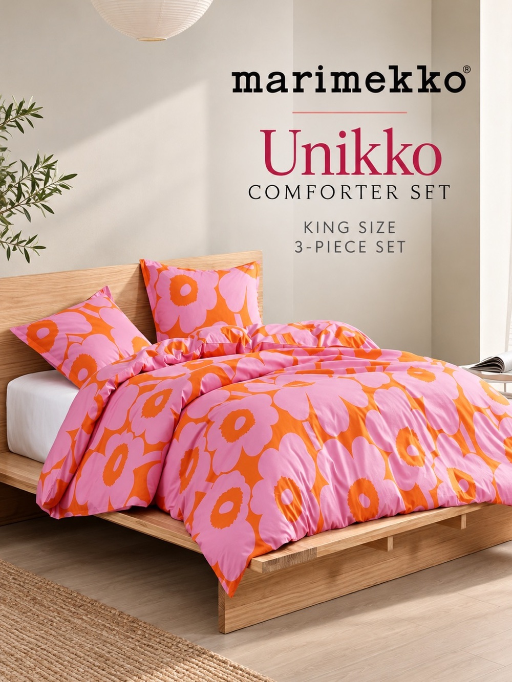 Marimekko Unikko Pink Orange Floral King Cotton Comforter Set 3PC NWT